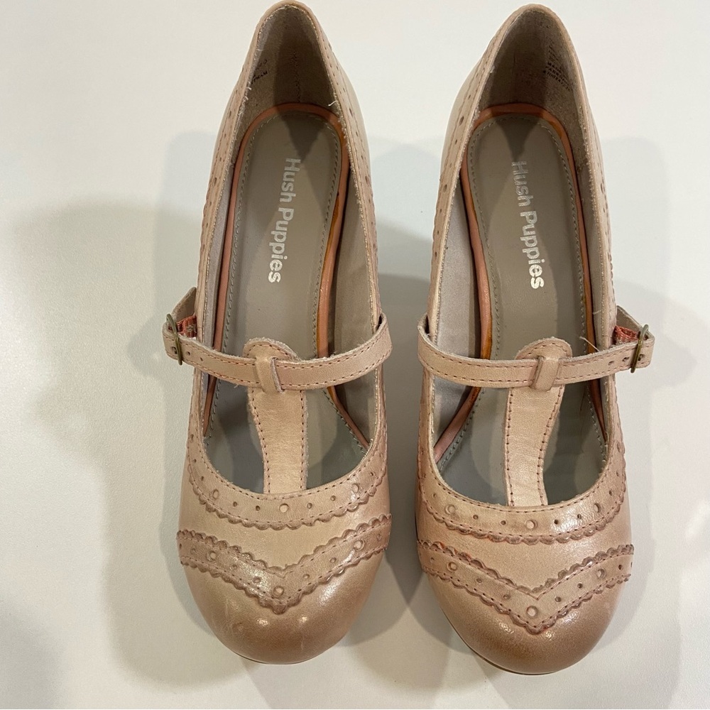 Hush Puppies Mary Jane Leather Brogue Pumps Nude Pink Size 6 Medium oldies heels - Picture 6 of 16